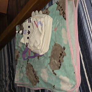 Pusheen mini backpack and fuzzy throw blanket